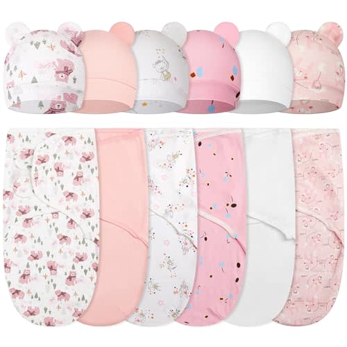 Ramede 6 Pack Baby Swaddle Blanket with Hats Sleep Swaddle for 0-3 Months Newborn Sacks Soft Cotton Wearable for Baby Boy Girl Sleeping(Pink, Animal)