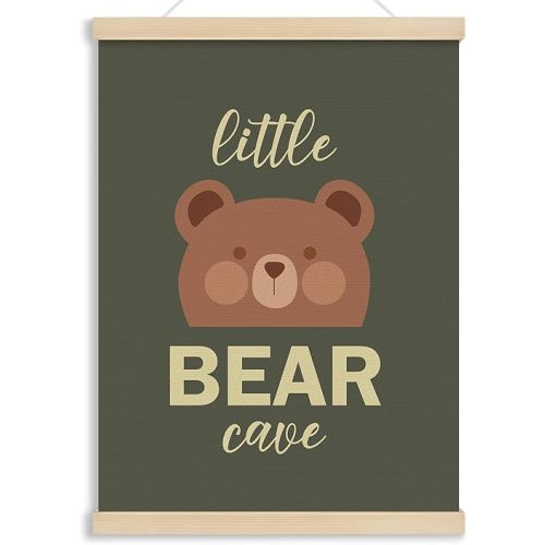 MOTERMATE Vintage Bear Wall Art Poster, Woodland Baby Boy Nursery Canvas Poster Hanger Frame Room Decor, Green Little Bear Man Cave Wall Hanging Banner Decor for Boys Beadroom Nursery Playroom,12x16In