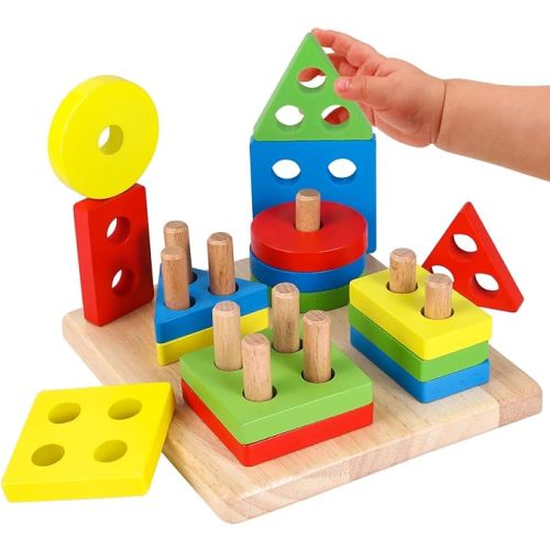 Lewo Wooden Educational Toddler Toys for 3 4 5 Year Old Boys Girls Preschool Shape Color Recognition Sorting & Stacking Shapes Sorter Geometric Blocks for Kids