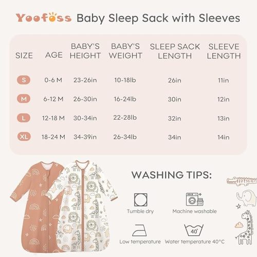Yoofoss Baby Sleep Sack 6-12 Months Long Sleeve Wearable Blanket Baby 100% Cotton 2-Way Zipper 0.5 Tog Infants Sleeping Sack, Lightweight(Medium)
