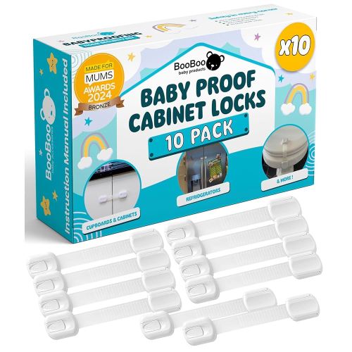 Booboo® (10 Pack) Premium Cabinet Locks Baby Proofing, Child Proof Cabinet Locks, Cupboard Locks for Children with 3M Adhesive + 4 Extra Stickers