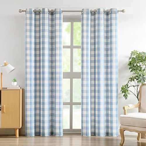 Amzdecor Buffalo Plaid Grommet Curtains 84 Inch Length, Light Filtering Semi-Sheer Check Linen Textured Curtains Drapery for Living Room Bedroom Farmhouse,2 Panels （40" x 84", Blue & Linen）