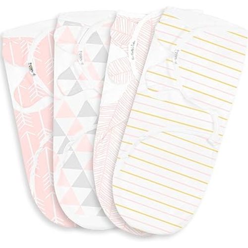 BaeBae Goods Swaddle Blanket, Adjustable Infant Baby Swaddling Wrap Set of 4, Baby Swaddling Wrap Blankets for Boys and Girls Made in Soft Cotton (0-3 Months, Pink/Gold Stripes)