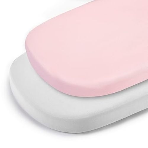TILLYOU Baby Bassinet Sheets for Girls Boys, Fit for Hourglass Oval Rectangle Bassinet Mattress Sheets, 33”X16”, 2 Pack Gray and Pink