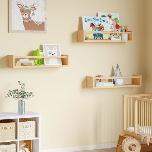 Fixwal Nursery Shelves, 16.5 Inch Floating Bookshelves for Wall Set of 3, Baby Nursery Decor, Solid Wood Wall Mounted Shelves for Books (Natural Wood)