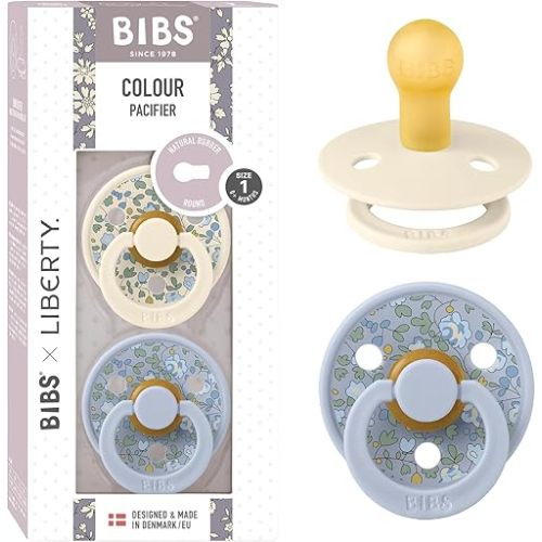 BIBS Liberty Pacifier | 2 Colour Natural Rubber Latex Soothers | BPA Free Dummy Pacifier | Round Nipple | Designed & Made in Denmark | Eloise Dusty Blue