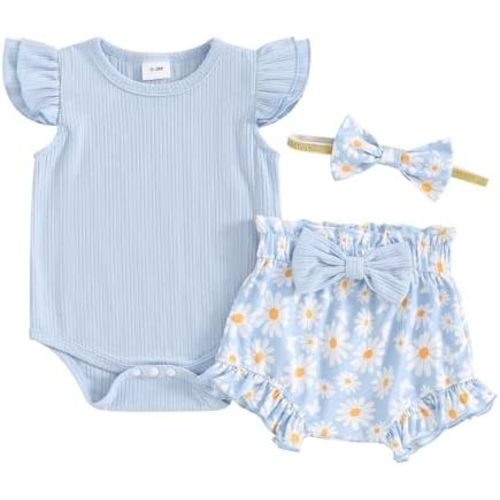 Hnyenmcko Newborn Baby Girl Clothes Daisy Print Fly Sleeve Romper Ruffle Bloomer Shorts Headband Set Infant Summer Outfits