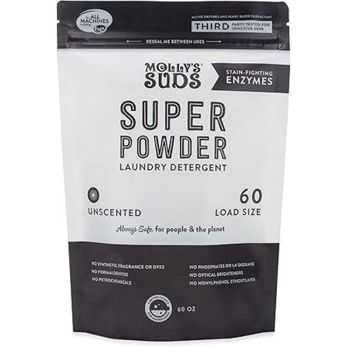 Molly's Suds Unscented Super Powder Detergent | Natural Extra Strength Laundry Soap, Stain Fighting | Sensitive Skin | Earth Derived Ingredients | 60 Loads - 4 Pounds