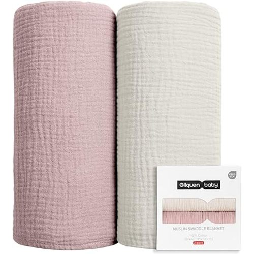 GLLQUEN BABY Muslin Swaddle Blankets for Girls, 2-Pack Organic Baby Blankets for Girl Boy, Newborn Receiving Blanket, Baby Swaddle Blanket Unisex, Baby Essentials, Registry & Gift, 40 x 38 inches