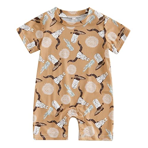 Gueuusu Country Baby Clothes Boy Girl Western Cow Print Short Sleeve Romper Bodysuit Ribbed One Piece Jumpsuit Summer Outfit