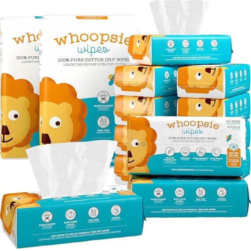 Whoopsie Wipes – The Original 100% Pure Cotton Dry Baby Wipes – Ultra Soft, Unscented, Chemical-Free Wipes for Sensitive Skin – Use Dry or Add Water for Wet Wipes – 12 Packs (1200 Count)