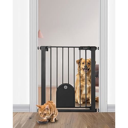 Newnice 26.7-29.5'' Narrow Baby Gate with Cat Door, Auto Close & Easy Walk Thru Dog Pet Gates for Stairs, Doorway, House, Pressure Mounted Safety Child Gate Includes 4 Wall Cups, NO Extensions, Black