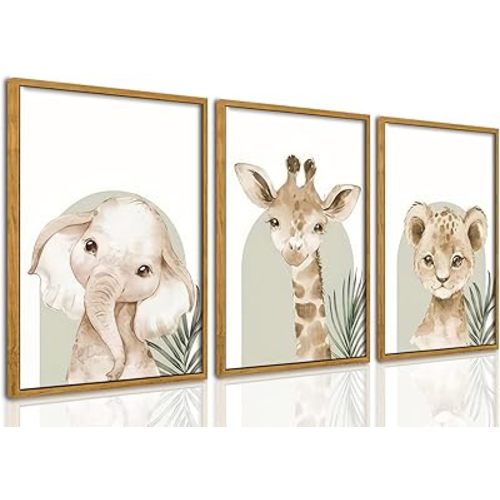 HNNXAR Nursery Poster Wall Art Set Of 3 Baby Boy Girls Kids Room Picture Wall Decor Jungle Safari Lion Elephant Giraffe Canvas Painting Cute Animal Prints For Children Toddlers Bedroom 12x16 Unframed