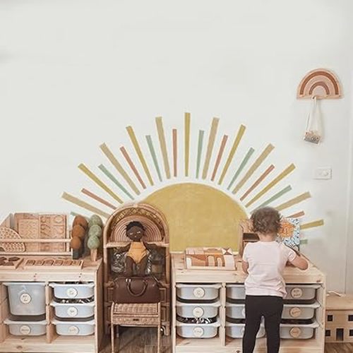 Large Boho Half Sun Wall Decals Peel and Stick, Watercolor Pastel Sun Decal Sunrise Wall Murals Stickers, Sunshine Wall Stickers for Kids Room Playroom Nursery Bedroom, 48.07" x 24.82"
