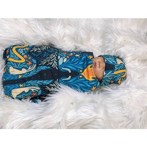 Dragon Baby Swaddle Wrap in Whimsical jackalopes snakes & moths Stretchy Soothing Infant Wrap + Hat or Headband Fantasy Mythological