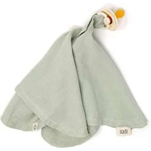 Kishu Baby Indi Organic Paci Blanket - Fairtrade & GOTS Certified 100% Organic Cotton Muslin Mini Baby Blanket with Snap to Secure Baby Pacifier - Pacifier Not Included (Sage)