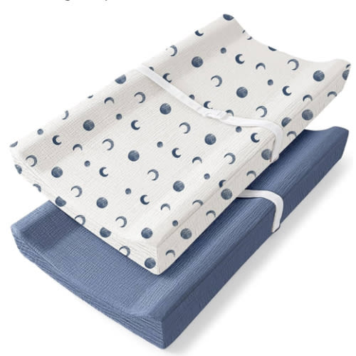 Bearmoss Changing Pad Cover, 2 Pack Muslin [100% Cotton] Diaper Changing Table Covers, 32'' x 16'' Soft Breathable Changing Pad Sheets for Unisex Baby Girls and Boys with Strap Holes (Bluemoon)