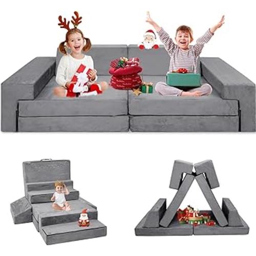 Kids Play Couch, Modular Convertible Play Couch for Toddler and Baby Playroom/Bedroom, Gift for Kids, Grey