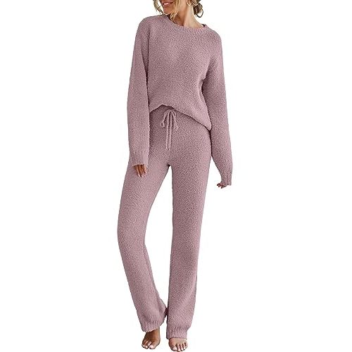 MEROKEETY Womens Fuzzy Fleece Long Sleeve 2 Piece Loungewear Outfits Sweater Pants Pajama Sets
