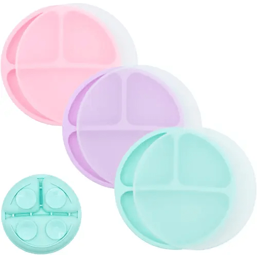 WeeSprout Suction Plates for Babies With Lids & Toddlers - 100% Silicone, Dinnerware Stays Put, Divided Design for Picky Eaters, Microwave & Dishwasher Friendly, 3 Pack