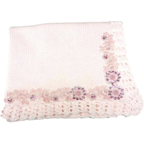 Knitted Hand Crochet Finished Pink Cotton Blanket Trimmed with Fancy Ribbon
