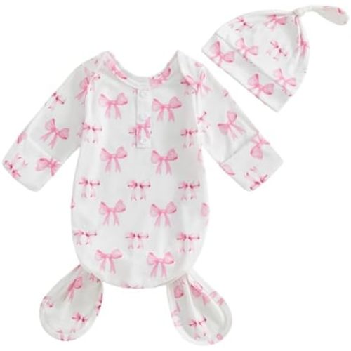 Newborn Infant Baby Girls Knotted Gown with Hat Coquette Bow Aesthetic Blanket Sleeping Bag Swaddle Set