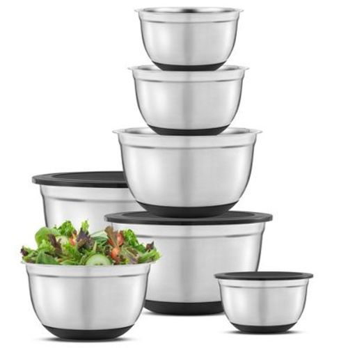 JoyJolt Stainless Steel Mixing Bowls with Silicone Base & Lids - Set of 7 - Silver/Black