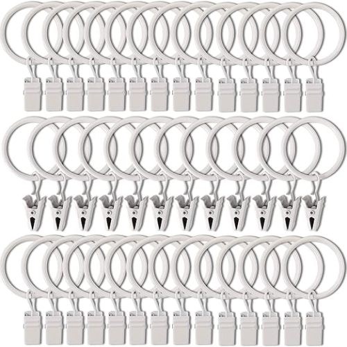 AMZSEVEN 40 Pack Curtain Rings with Clips, Drapery Clips with Rings, Drapes Rings 1.26 in Interior Diameter, Fits up to 1 in Curtain Rod, White - 1.26" I D 40 Pack