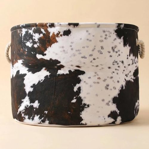 Highland Cow Nursery Baskets Large Size Western Laundry Basket with Cotton Rope Handles Cowboy Nursery Decor Hamper For Toys Cloths Baby Stuff (Cow skin)