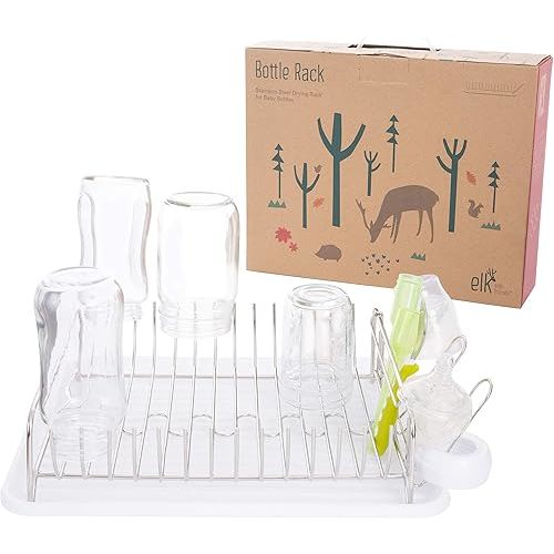 Elk and Friends Stainless Steel Baby Bottle Drying Rack - Countertop Dryer Rack with Drainer - Glasses, Mason Jars & Sippy Cup Organizer (White Tray)