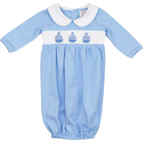 Blue Smocked Sailboats Pima Baby Gown, NB