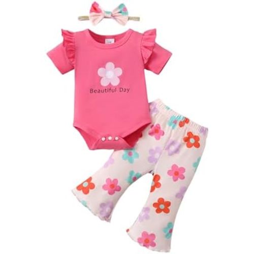 SUNNY PIGGY Baby Girl Clothes Ruffle Short Sleeve Romper Long Pants Set with Headband Newborn Infant Outfits
