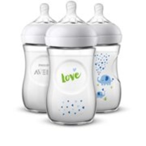 Philips Avent Natural Baby Bottle with Blue Elephant design, 9oz, 3pk, SCF659/37
