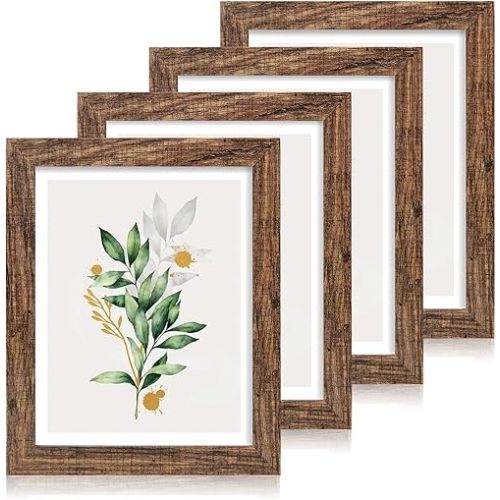 11x14 Picture Frame Set of 4, Made of Glass and Rustic Brown Wooden Frame, Display 8x10 Pictures with Mat or 11 x 14 Posters without Mat for Wall Mounting, Gallery Photo Frames