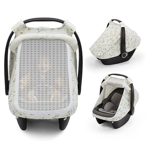 Blissful Diary Baby Car Seat Cover, Extra Large Mesh Window, Breathable Muslin Cotton, Infant Windproof Canopy, Must-Have Baby Gift - Botanical Leaf