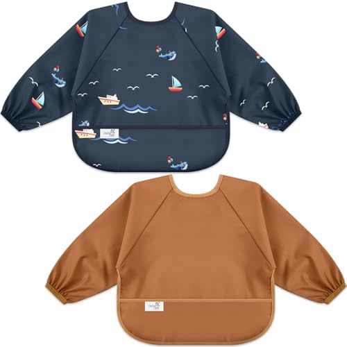 Long Sleeve Baby Bib, Waterproof Fabric, Full Coverage with Catch-All Pocket, 6-24 Months, 2-Pack