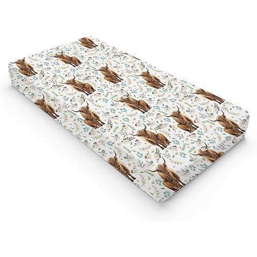 Watercolor Highland Cows Retro Floral Baby Changing Pad Covers for Boy Girl 32''x16'' Highland Yak Boho Flowers Leaves Fitted Diaper Changing Table Mats Soft Breathable Cradle & Bassinet Sheets
