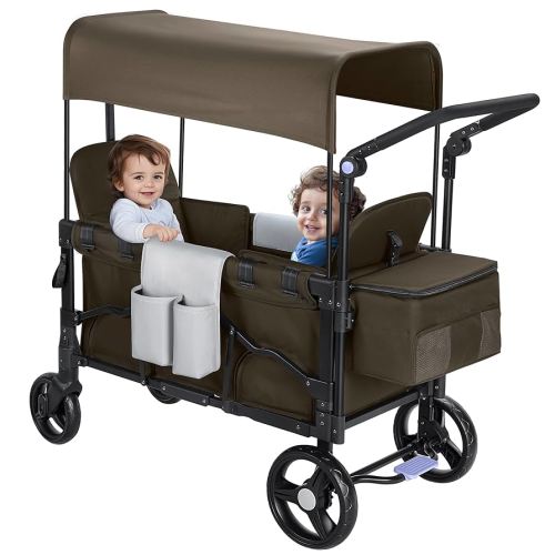 Wagon Stroller for 2 Kids, Double-Seater Baby Wagon with Canopy, Adjustable Handle and Pull Bar, Compact Design for Toddlers and Infants, for Outdoor Adventures (Brown)