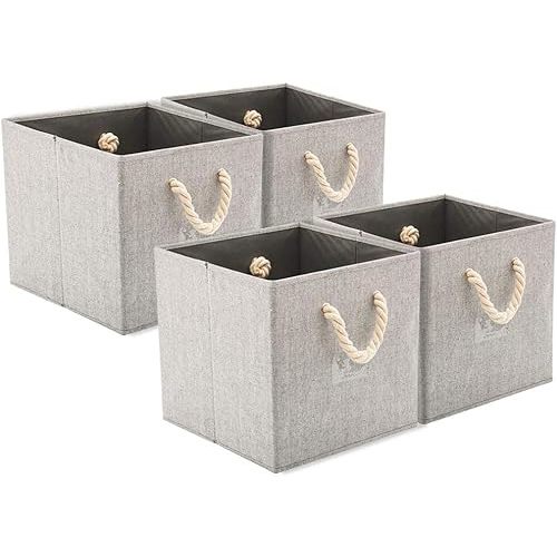 EZOWare [Set of 4 Foldable Fabric Storage Cube Bins with Cotton Rope Handle, Collapsible Resistant Basket Box Organizer for Home Closet and More – Gray 12x12x12 inch