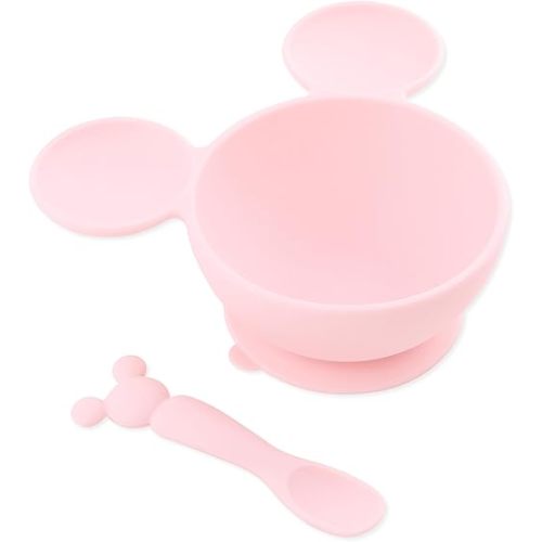 Bumkins Disney Baby Bowl, Silicone Feeding Set with Suction for Baby and Toddler, Includes Spoon and Lid, Essentials for Baby Led Weaning,for Babies 4 Months, Minnie Mouse Light Pink