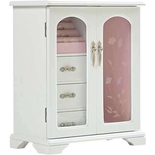 Solid Wooden Jewelry Box Women Ring Storage with 3-Drawers Built-in Necklace Carousel and Mirror,Valentine's Day Gifts for Girlfriend (White).