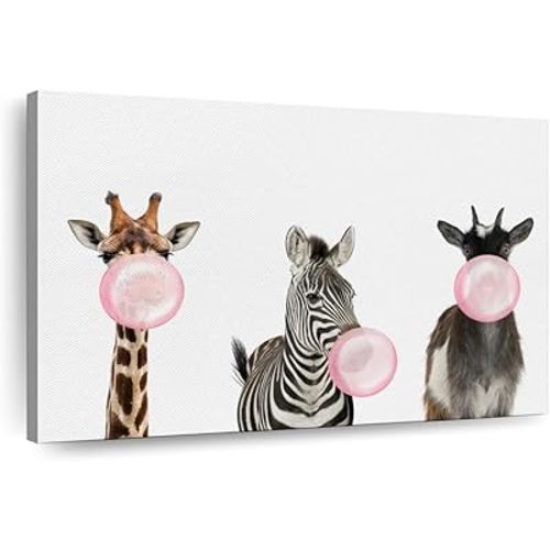 Elephant Stock Bubble Gum Safari Animals Canvas - 1 Panel Canvas Animal Pictures Wall Decor - Zebra, Goat and Giraffe Wall Art Animal Wall Decor - Animal Wall Art for Living Room - 30" X 20"