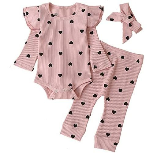 Fullfamous Baby Girl's 3pc Rib Frill Long Sleeve Romper and Pant Set
