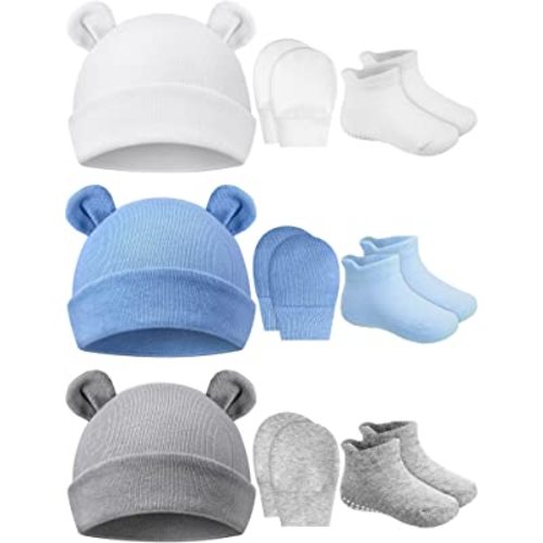 Geyoga Newborn Baby Hat Bear Ears Mittens and Socks Set for 0-6 Month