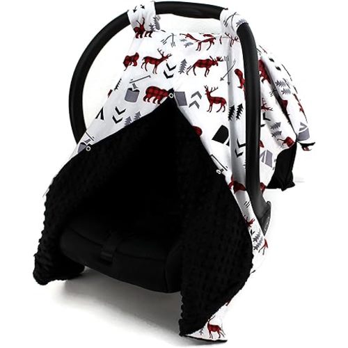 Dear Baby Gear Car Seat Canopy, Woodland Adventure Bear Moose Plaid, Minky Black