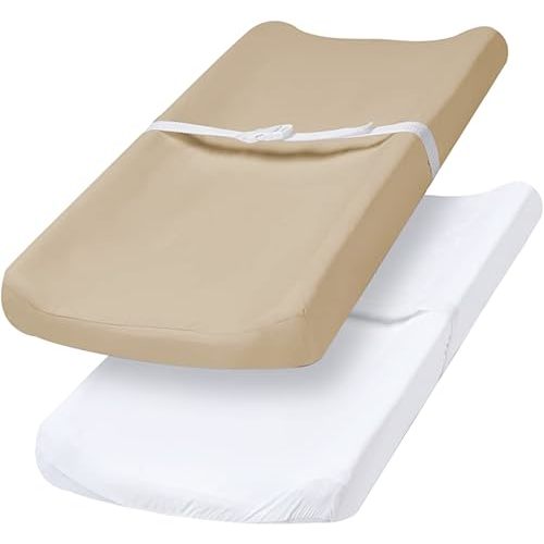 PHF Baby Changing Pad Covers for Boys Girls, 2 Pack Ultra Soft Breathable Microfiber Changing Pad Table Sheets for Most Baby Changing Pads, White & Khaki