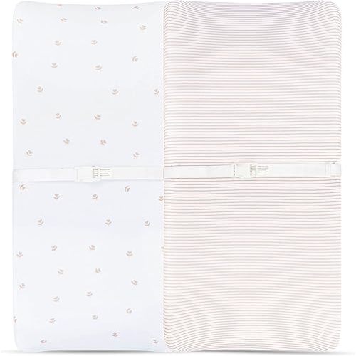 Changing Pad Cover 2 Pack - Baby Changing Pad Cover with 100% Jersey Cotton - Changing Pad Covers for Girls and Boys, Newborn Essentials (Pink Tulip & Stripes)