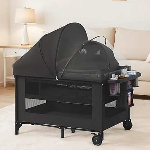 4-in-1 Baby Bassinet with Playard, Sleeper Nest, Changing Table, Mosquito Net & Canopy, Storage and Toys for Newborn to Toddler