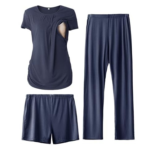 SUNNYBUY Womens Maternity Nursing Pajamas Set, Short Sleeve Breastfeeding Shirts,Pregnancy Shorts & Pants 3 Piece Nursing PJS