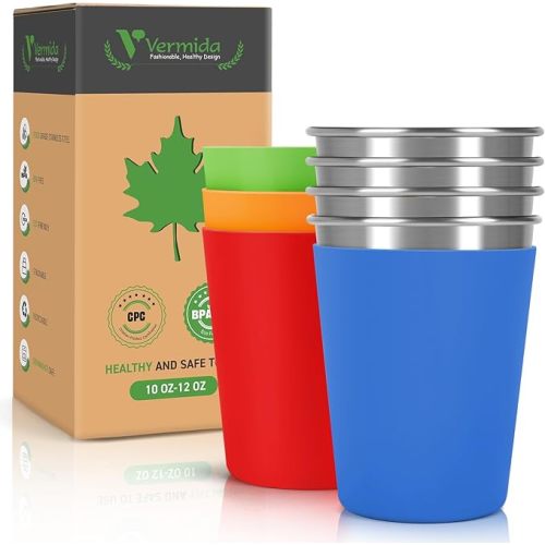 Stainless Steel Cups for Kids and Toddlers Stackable, 12oz Stainless Steel Kids Cups with Silicone Sleeves Sweat Proof, Unbreakable Metal Cups for Home & Outdoor, BPA Free (4 Pack)